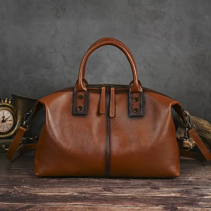 Borsa a mano vintage in pelle marrone per donna