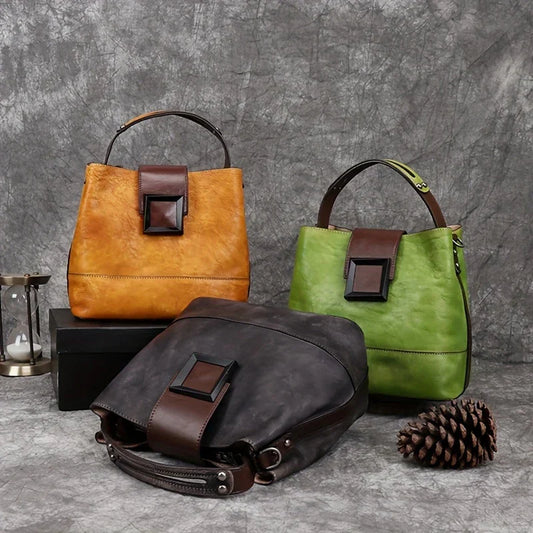 Borsa a tracolla in vera pelle tinta unita in stile vintage